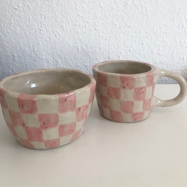 Ensemble petit-déjeuner Vichy Ensemble tasse et bol en céramique avec motif vichy