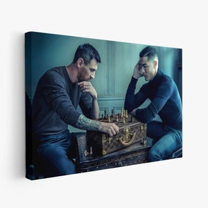 Lionel Messi und Cristiano Ronalo spielen Schach, Poster oder Leinwand, Fußballwandkunst, Fußballlegenden