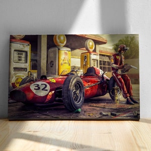 Vintage Ferrari Racing Car Poster, Paper or Canvas Print, Retro F1 poster, Man Cave Decor, Wall Art, Formula 1 Gift