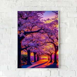 Sakura Garden in Sunrise, Poster or Canvas, Cherry Blossom, Wall Art, Home Decor, Gift for Best Friend, Japanese Style