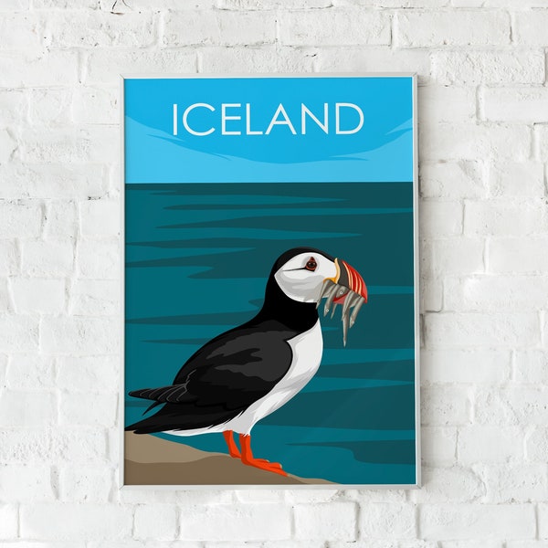 Travel Wall Art, Iceland, Poster or Canvas, Minimalist Style, Puffin, Home Decor, Wall Art