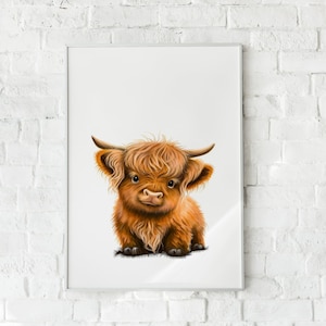Baby Highland Kuh Poster, Leinwand oder Papierdruck, Wandkunst, Illustration