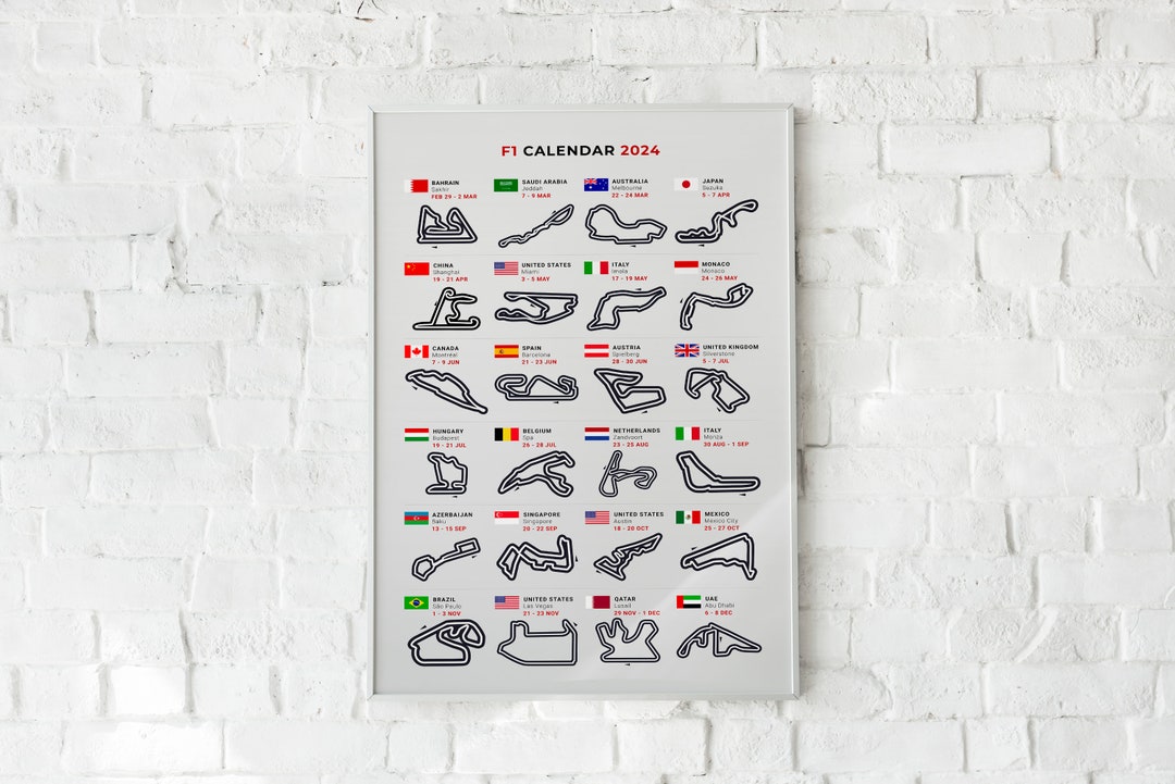 F1 2024 Calendar, Framed Poster Print, Formula One, Season 2024, Wall