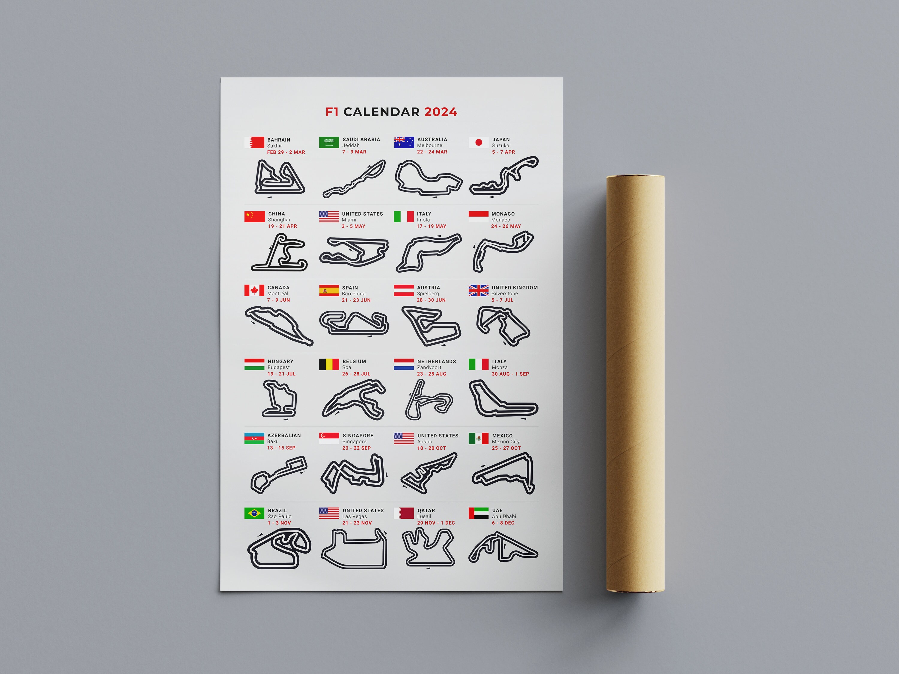 F1 2024 Calendar Poster, Formula One, Poster Print, Season 2024, Wall