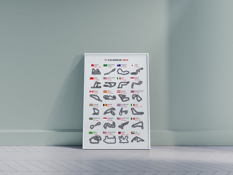 F1 2024 Calendar, Framed Poster Print, Formula One, Season 2024, Wall