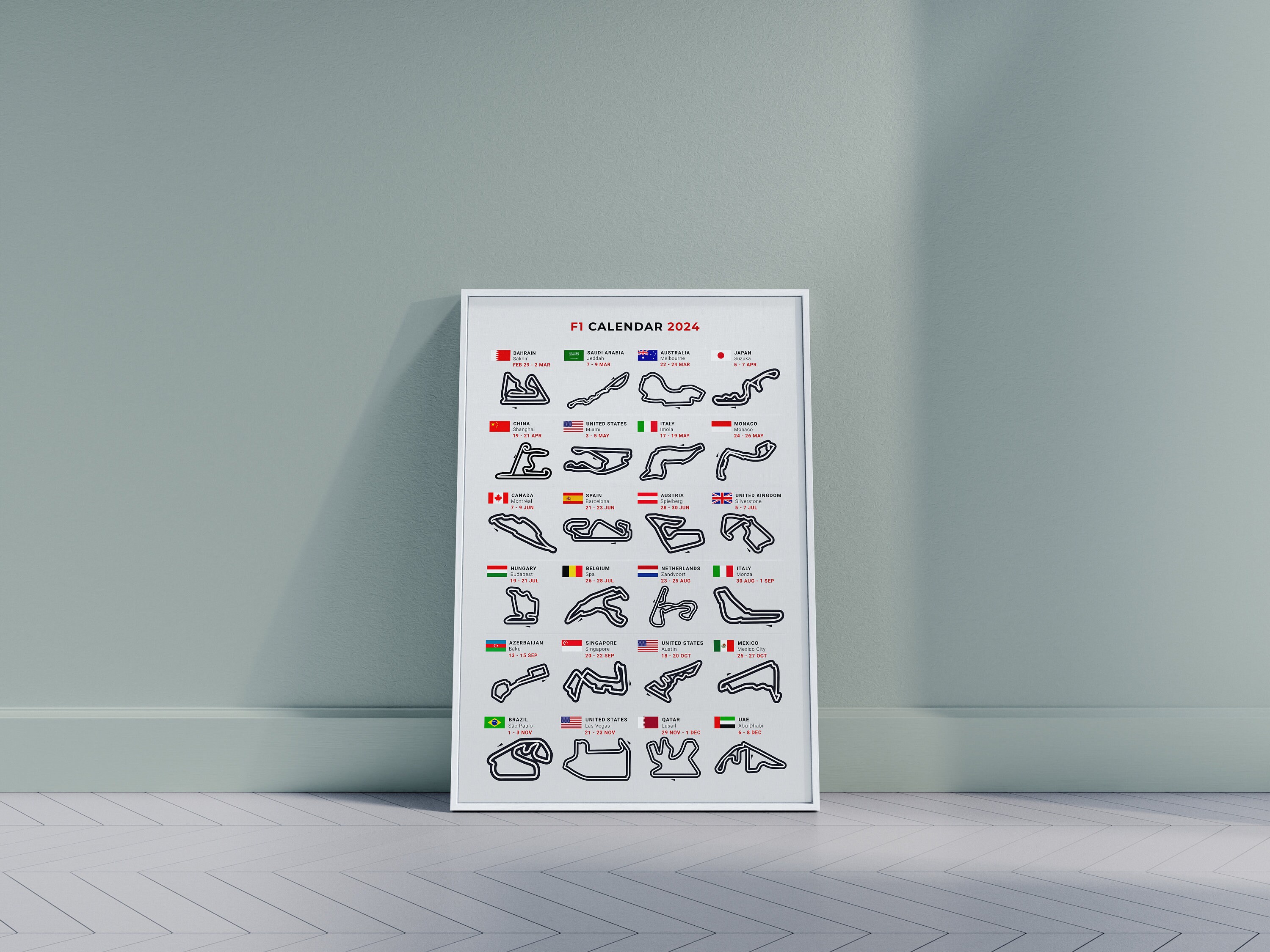 F1 2024 Calendar, Framed Poster Print, Formula One, Season 2024, Wall