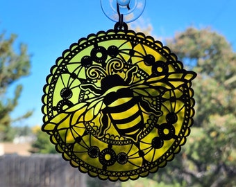 Bumble Bee Suncatcher, Honeybee Home Decor, Bee Window Hanging, Bee Ornament, Beekeeper Gift, Nature Gifts, Mandala Suncatcher