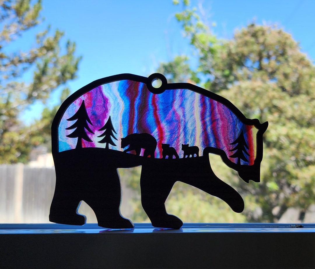 Mama Bear Suncatcher Wooden Bear and Cubs Purple Gem Sky Etsy