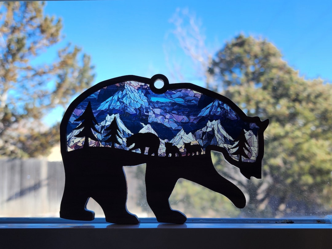 Mama Bear Suncatcher, Wooden Bear and Cubs, Rocky Mountains Ornament