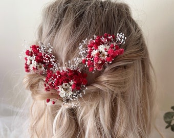 Red Boho Wedding Flower Hairpins / Daisy Hairpins / Natural Dried Flower Hairpins/ Hair Accessories/ Summer Wedding Hair Piece / Red Flowers