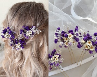 Purple Boho Wedding Flower Hairpins / Daisy Hairpins / Natural Dried Flower Hairpins/ Hair Accessories/ Summer Wedding Hair Piece