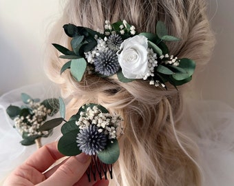 Blue thistle White Rose Eucalyptus hair comb/ Decorative wedding slide/ Wedding flower comb/ Bridal hair piece/ Greenery comb