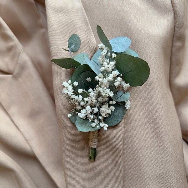 Eucalyptus Gypsophila Buttonhole/ Rustic Wedding Boutonniere / Baby’s Breath Buttonhole