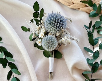 Dried Blue Thistle & Eucalyptus Buttonhole/ Rustic Dried Flower Buttonhole / Wedding Boutonniere/