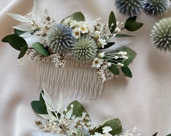 Dried Thistle Hair Comb / Wedding Floral Comb / Bridal Hair Accessory /Eucalyptus Flowers Comb/ Blue Thistle Rustic Flower Comb/