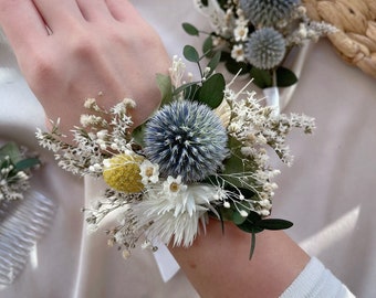 Blue Thistle & Eucalyptus Wrist Corsage / Dried Flower Corsage/ Boho Rustic Wedding Corsage / Bridesmaid accessories/
