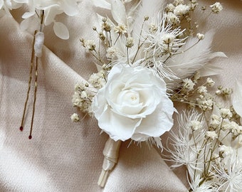 Preserved White rose boutonniere/ Groom buttonhole/ Boho pampas flower boutonnière/ Prom buttonhole/ Gypsophila buttonhole/ Wedding flowers