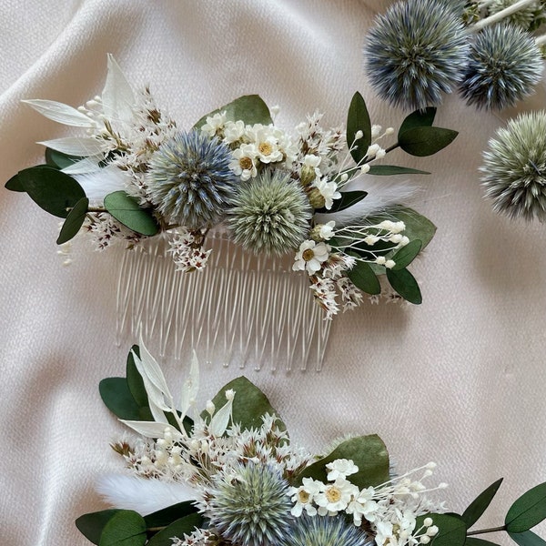 Dried Thistle Hair Comb / Wedding Floral Comb / Bridal Hair Accessory /Eucalyptus Flowers Comb/ Blue Thistle Rustic Flower Comb/