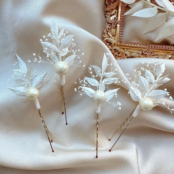 3pcs/5 pcs Elegant Dried Flower Hair Pins With Pearls / Bridal Hair Accessories/ Boho Wedding / Babys Breath Pins / White Dried Flower Pins