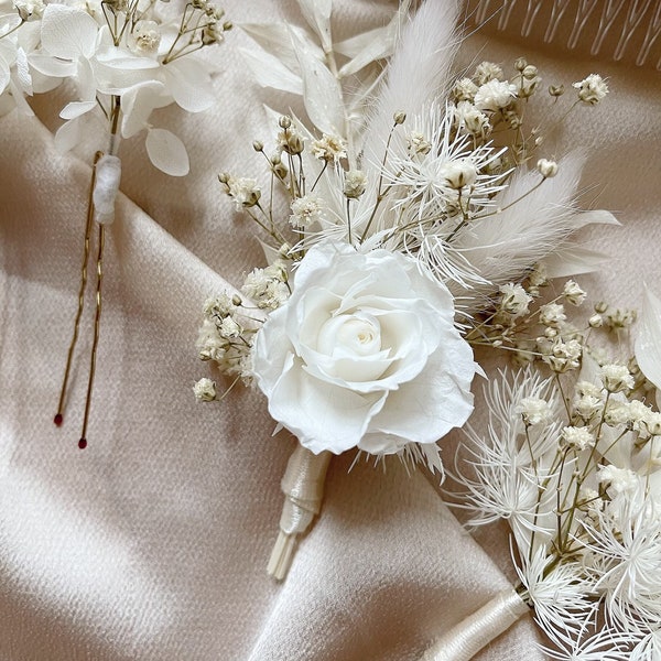 Preserved White rose boutonniere/ Groom buttonhole/ Boho pampas flower boutonnière/ Prom buttonhole/ Gypsophila buttonhole/ Wedding flowers
