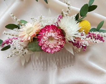 Pink Summer Wedding Bridal Flower Comb/ Rustic Wedding Comb /Strawflower Flower Comb/ Eucalyptus Hair Comb/  Colourful Boho bridal hair comb