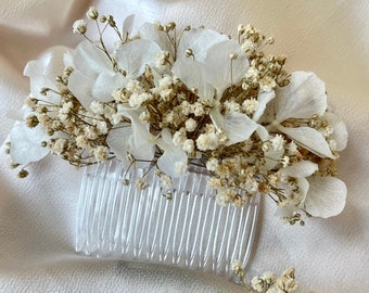 Pente de cabelo de hortênsia seca: acessório floral para casamento estilo boho