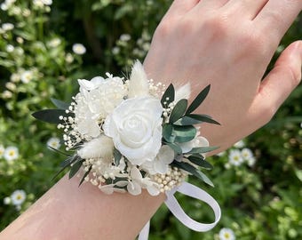 White Rose & Eucalyptus Wrist Corsage | White Dried Flower Wedding Bracelet | Boho Bridal Accessory