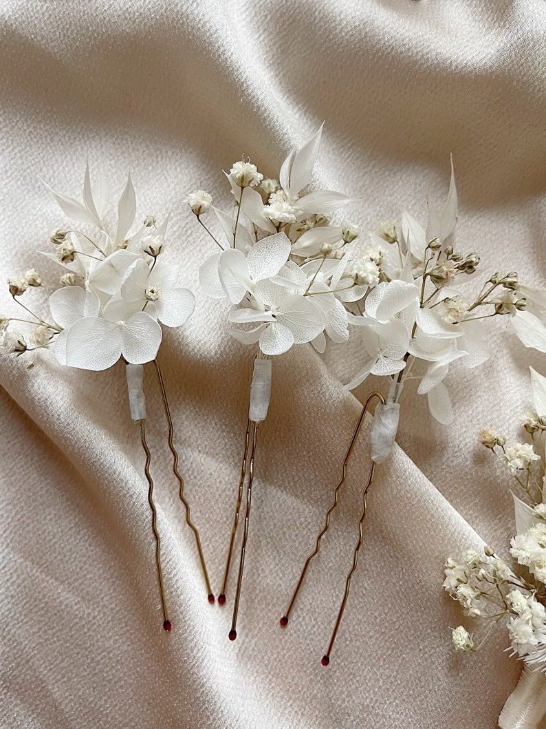 White preserved roses hair comb/ Decorative wedding slide/ Wedding flower comb/ Bridal hair piece/ Flower hair pins/ Gypsophila hair comb 3 X HAIR PINS