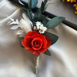 Preserved Burnt Orange Rose Boutonniere: Eucalyptus Wedding Buttonhole
