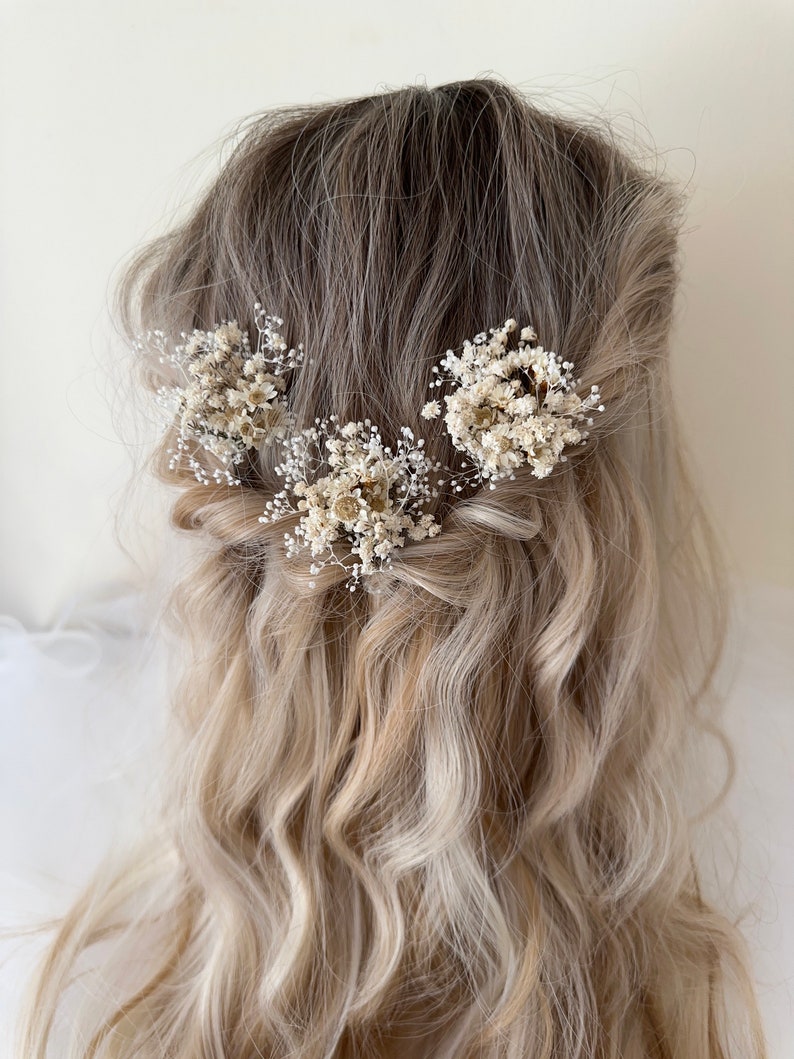 Natural Gypsophila Wedding Flower Hairpins / Babys breath Hairpins / Rustic Hair Pins / Dried Flower Hair Accessory image 6