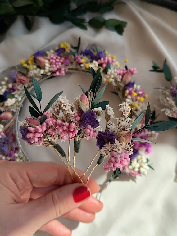 Purple and Pink Dried Flower Hair Pins: Boho Rustic Bridal  display picture 3