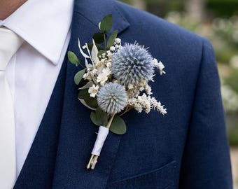 Dried Blue Thistle Eucalyptus Wedding Boutonniere:Rustic Boho Buttonhole for Groom & Groomsmen