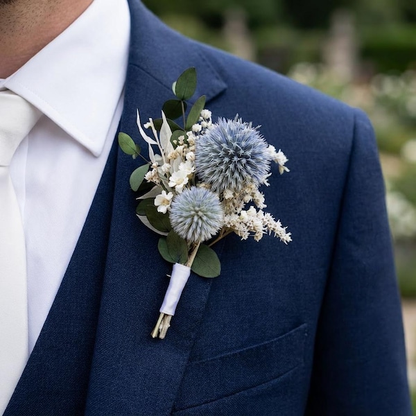 Dried Blue Thistle Eucalyptus Wedding Boutonniere:Rustic Boho Buttonhole for Groom & Groomsmen
