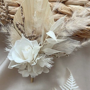 Palm Spear Groom’s Boutonniere: Preserved White Rose, Rustic Boho Wedding Buttonhole with Pampas