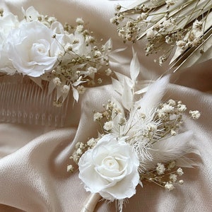 White preserved roses hair comb/ Decorative wedding slide/ Wedding flower comb/ Bridal hair piece/ Flower hair pins/ Gypsophila hair comb BUTTONHOLE