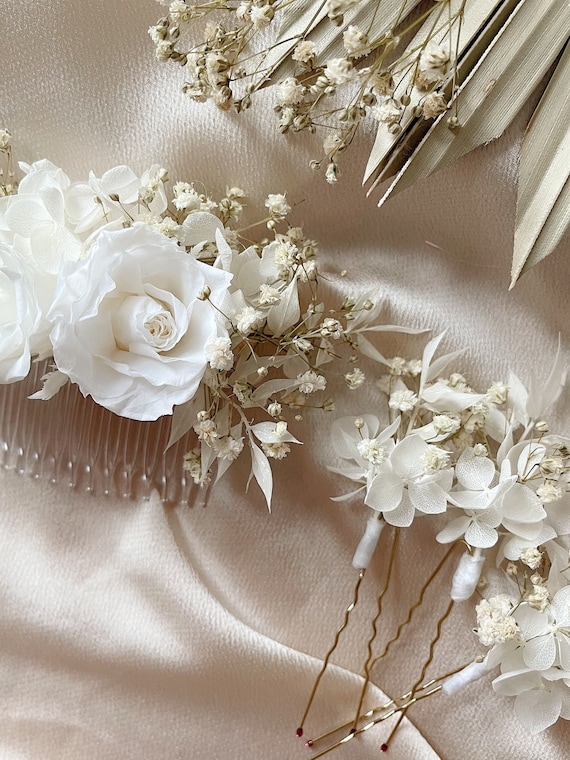 White Preserved Rose Hair Comb: Wedding Bridal Hair Piece  display picture 3