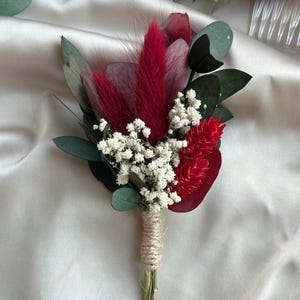 Burgundy Dark Red Eucalyptus Boutonniere: Boho Rustic Wedding Groom Buttonhole