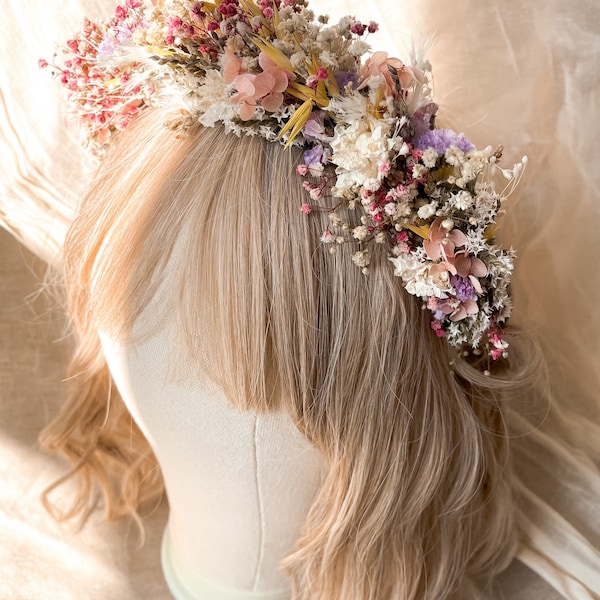 Colourful Summer Dried Flower Hair Crown/  Babys Breath / Boho Flower Headband/ Rustic Wedding Flower Crown / Rainbow Bridal hairpiece