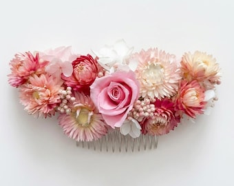 Pettine per capelli con fiore di rosa rosa / Accessorio da sposa con fiori secchi / Fermaglio per capelli da sposa boho rosa