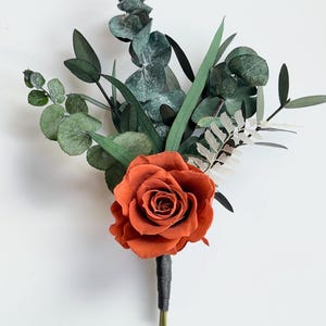 Terracotta Rose Boutonniere: Preserved Eucalyptus Wedding Groom / Groomsmen Buttonhole