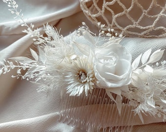 Pente de cabelo de noiva com rosas brancas: acessório de cabeça de noiva preservado, acessório boho rústico para noivas e madrinhas
