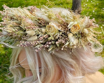 Large Bohemian Dried flower crown | Wedding / Festival  Flower Crown | Roses flower crown | Wedding Hair Piece | Floral Bridal Hair Piece |