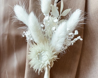 Dried Flower Boutonniere: Bunny Tails & Baby’s Breath, Rustic Boho Wedding Buttonhole for Groom Groomsmen