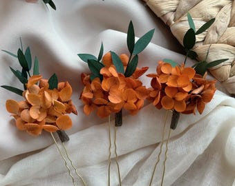 Burnt Orange Hydrangea Hairpins: Autumn Wedding Hair Accessories