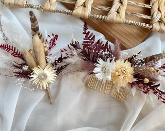 Pampas Boho Burgundy Feather Hair Comb/ Dried Flower Hair Comb/ Bridal Hair Accessory/ Whimsical Wedding Hair Piece