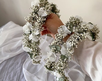 Gypsophila / Babys Breath Dried Eucalyptus Hydrangea Flower Crown/ Wedding Crown/ Rustic Wreath/