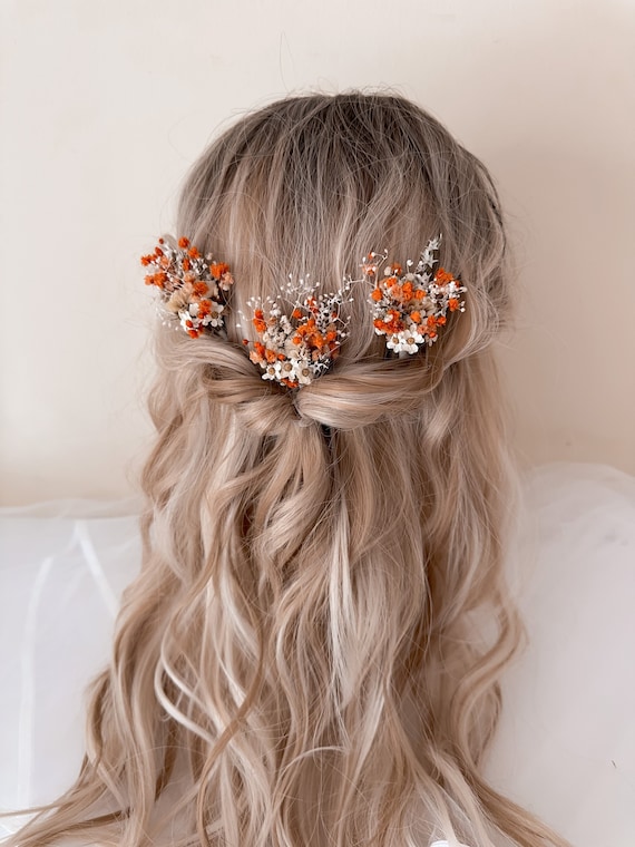 Orange flower headband with flower pin set Fall Flower Crown Burgundy Orange Bridal Head Piece Rust  main image 2