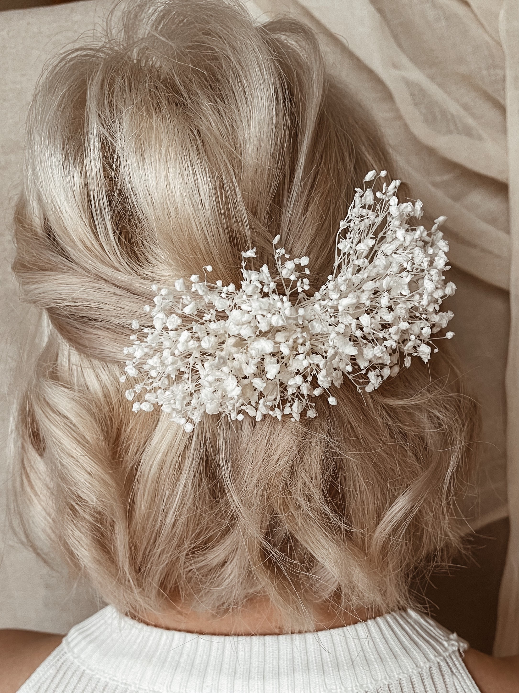 Pente de cabelo de noiva delicado Babys Breath: aplique de flores secas para casamento, presilha boho rústica