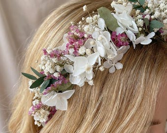 Natural Sea Lavender Baby’s Breath Eucalyptus Headband/ Bridal Boho Floral Headpiece/ Hydrangea Headband