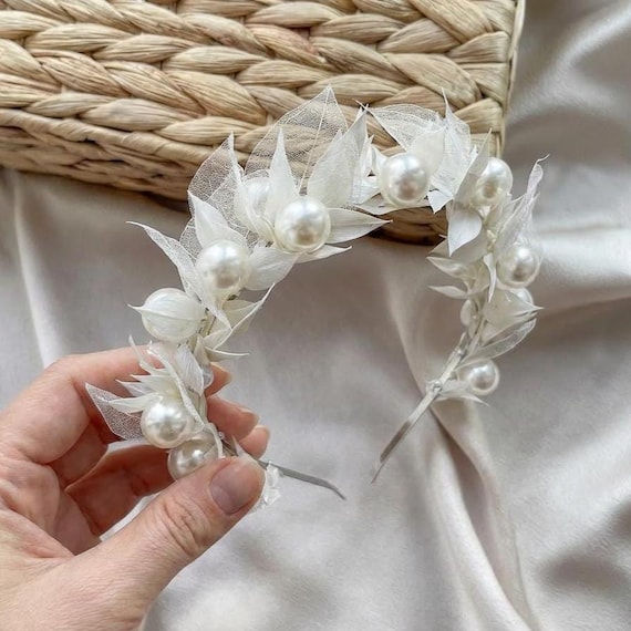 Bridal Pearl White Headband: Wedding Flower Crown, Boho 